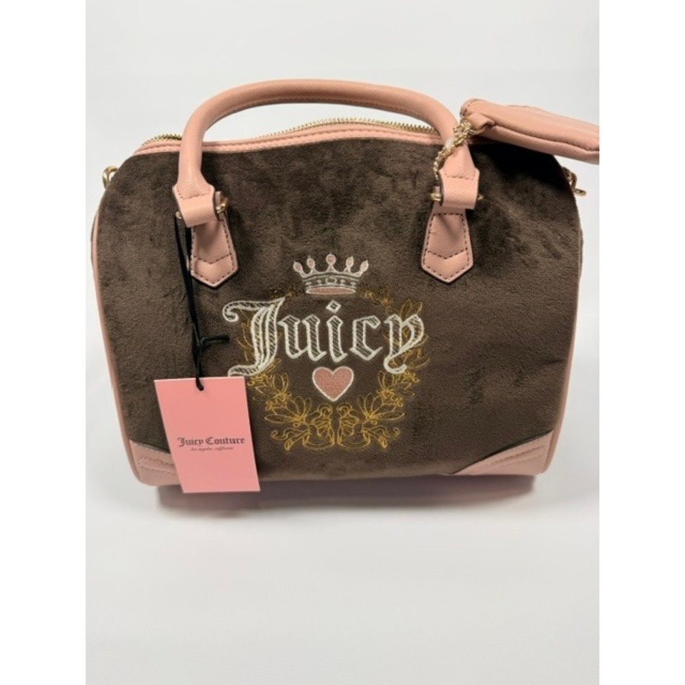 Juicy Couture Brown Velour Pink Satchel Bag Crossbody Bowler with Coin Purse NWT